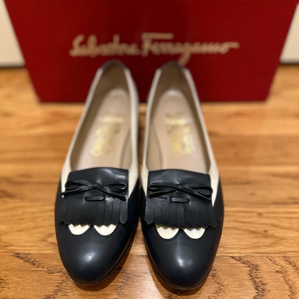 Salvatore Ferragamo Navy Blue and White Loafers